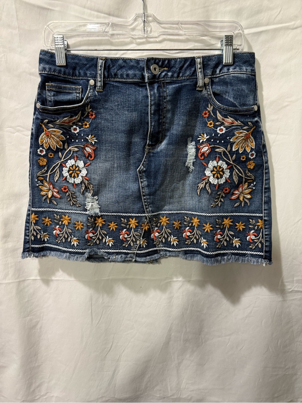 Blue Denim Mini Skirt with Orange, White & Yellow Floral Embroidery